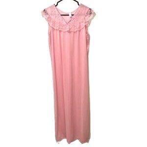 VTG Pink Nylon Full Slip Nightgown M USA Embroidered Front Barbiecore Photo Shoo